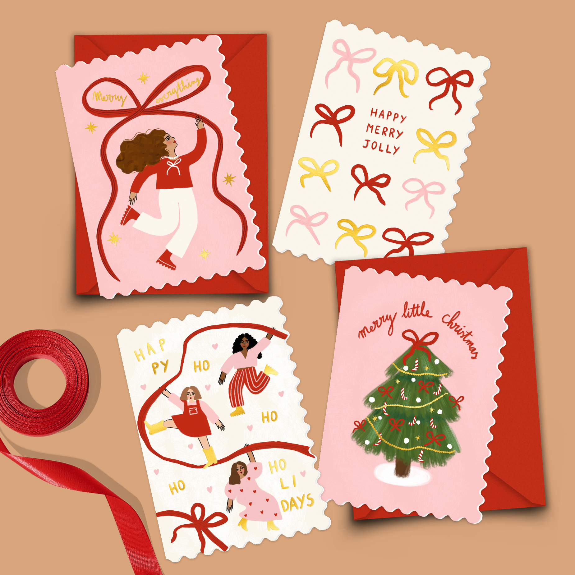 Happy Merry Jolly Bows Christmas Card